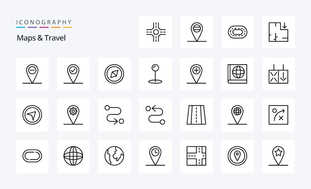 25 karten travel line icon pack vektorsymbole illustration