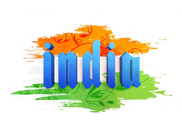 3D Blue Text Indien mit floralen Safran und grünen Pinselstriche für indische Independence Day Feier.