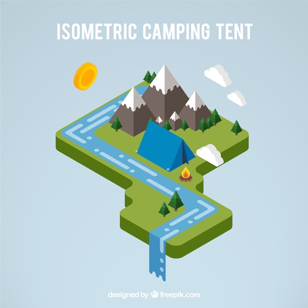 Kostenloser Vektor 3d-camping-zelt in einer landschaft