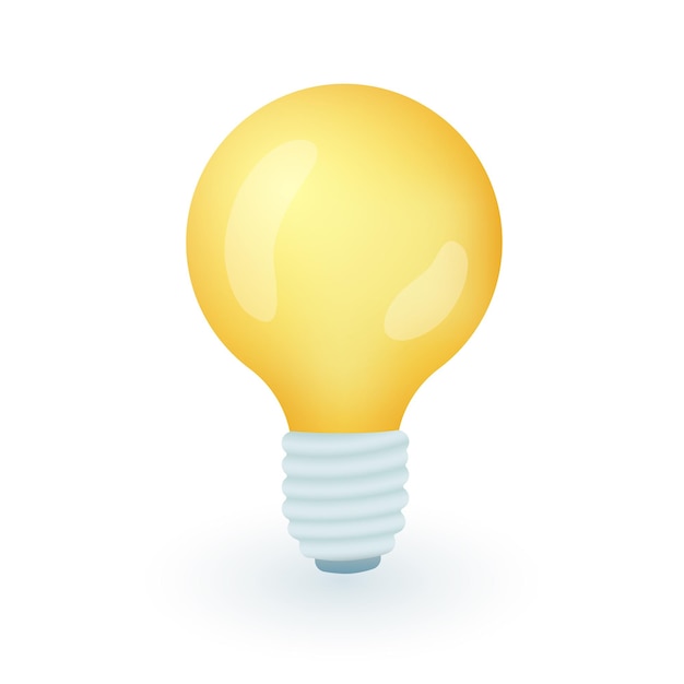 Kostenloser Vektor 3d-cartoon-stil gelbe glühbirne symbol auf weißem hintergrund. leuchtende oder leuchtende glühbirne oder lampe flache vektorgrafiken. innovation, kreative idee, startup, lösung, inspiration, stromkonzept