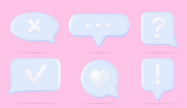 3d-chat-sprechblasen-textfelder für dialognachrichten oder kommentare in der social-media-app sprechwolken in verschiedenen formen mit symbolen von häkchen und kreuzzeichen, herz- und fragezeichen-vektorillustration