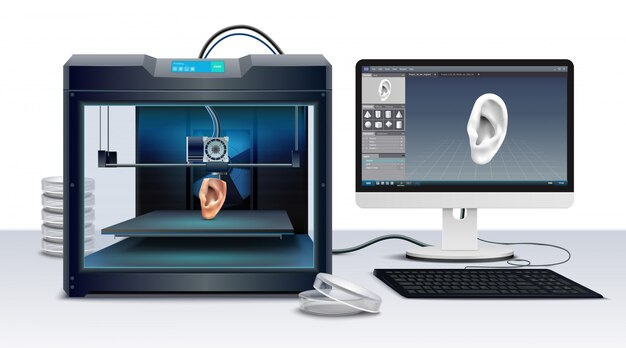 3D-Druck der realistischen Zusammensetzungsvektorillustration des menschlichen Ohrs