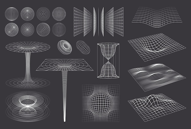 3d-formen-gitter mit isolierten monochromen bildern von drahtgitterkugeln, kurven, wirbeln und umständlichen wellen, vektorgrafik