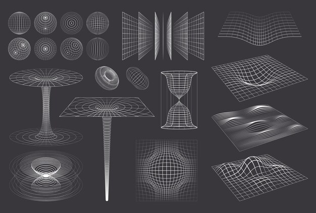3D-Formen-Gitter mit isolierten monochromen Bildern von Drahtgitterkugeln, Kurven, Wirbeln und umständlichen Wellen, Vektorgrafik