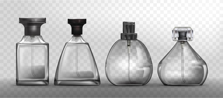 Kostenlose Vektor 3d-glas-duftflasche durchsichtiges leeres modell
