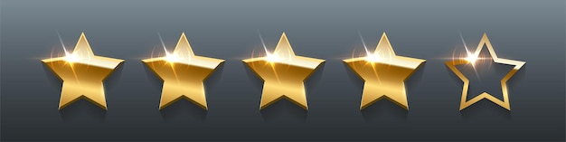 3d goldene Sterne mit fünf Bewertungen 5 realistische goldene Metallabzeichen mit hellem Lichteffekt