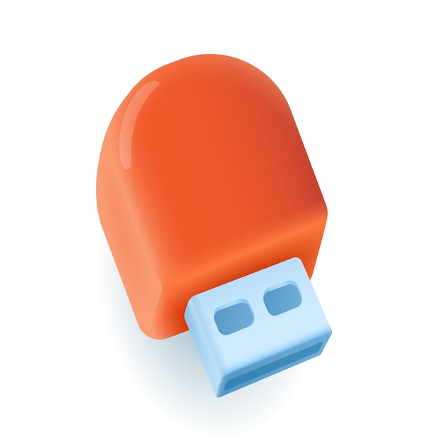 Kostenloser Vektor 3d-illustration eines orangefarbenen usb-flash-laufwerks. cartoon-zeichnung eines tools zur informations- oder datenspeicherung im 3d-stil auf weißem hintergrund. technologie, speicher, programmierkonzept