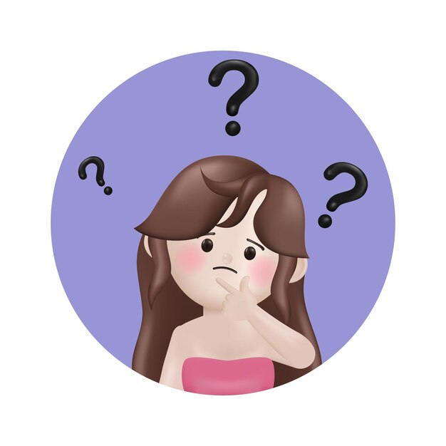 3D-Illustration Vektor Cartoon Woman Beauty Blogger haben viele Fragen Fragezeichen