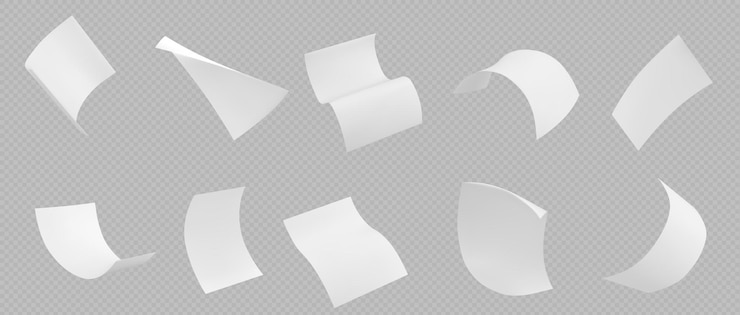 Kostenlose Vektor 3d-isoliertes fliegendes weißes papierblatt. herbstdokumentseite auf transparentem hintergrund im vektor. realistischer büropapiersatz, der herunterfällt. gebogen und gekräuselt, a4 verstreut auf wind-mockup-cliparts