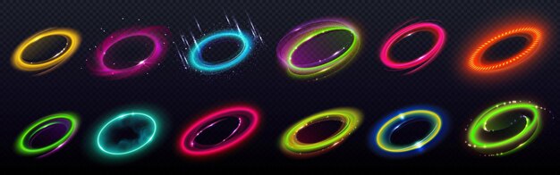 3D-Neon-elektrisches Licht und Fackel-Halo-Ring-Vektoreffekt. Abstrakter Geschwindigkeitsrahmen mit EDM-Energieglühen auf schwarzem Hintergrund. Lila-grüne und blaue radiale Kugel-Wirbelform. Schöner Faser-Bewegungstunnel