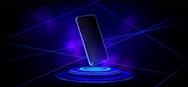 3d-neonlicht-futuristisches podium für mobiltelefone. lasereffekt-technologie-sockelmodell für produkt-smartphone-bildschirm-gewinner-vorlage auf cyber-glow-bühne mit dampf im scifi-studio-hintergrund