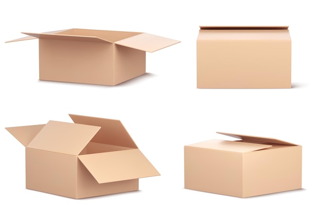 Kostenloser Vektor 3d-offene leere kartonschachtel vektor-symbol isolierte braune paketpackung für geschäft oder lager realistische darstellung von papierprodukten behälter-set schließen und band logistische recycling-speicher-mockup