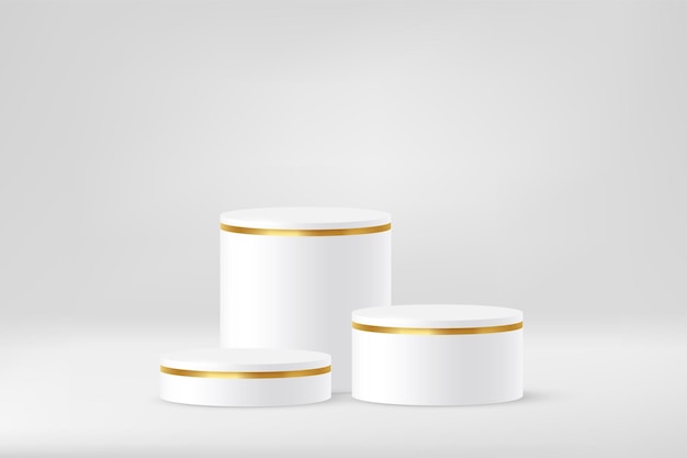 3D-Podium-Plattform-Zylinder mit Goldlinienrand am Rand Realistisches Bühnenmodell mit weißem Sockel aus runder geometrischer Form, Gewinnerstand oder Präsentationshintergrund der Produktgalerie