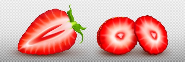 Kostenloser Vektor 3d-realistische isolierte rote erdbeerfruchtscheibe auf transparentem hintergrund. fliegendes frisch geschnittenes halbes beeren-grafikelement-set mit grünem blatt. süßes köstliches bio-sommergetränk