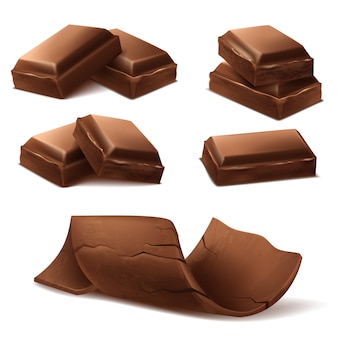3d realistische schokoladenstücke. brown köstliche stangen und schokoladenspäne f