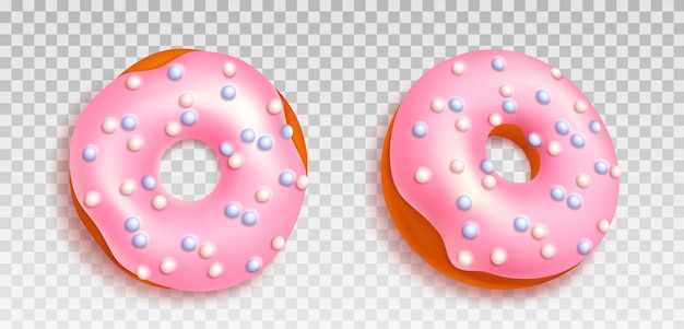 3d-realistischer rosafarbener donut, isolierte vektordarstellung mit süßem symbol, isoliert auf transparentem hintergrund. glasur auf lebensmittel-dessert für einen teil oder ein frühstück. gebratenes, köstliches geburtstagsglasur-bäckerei-snack-design