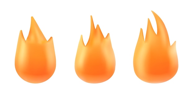 Kostenloser Vektor 3d-rendering, symbol für heißes feuer, emoticon-illustration, png, einfache form, flammenanimation, sprite-emblem-sammlung, isoliert auf weißem hintergrund. orangefarbene cliparts mit warmem lagerfeuer-set aus kunststoff