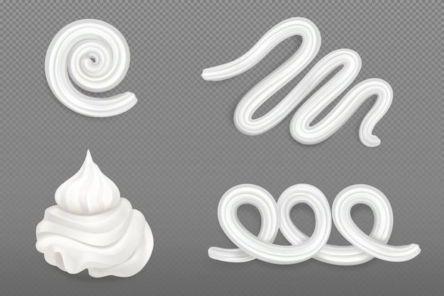 Kostenloser Vektor 3d-schlagsahne zum dekorieren von kuchen und torten. realistisches vektorillustrationsset aus weißem wirbel und linienbuttermousse oder vanillepudding-bäckereidekoration. weiches vanille-joghurt-baiser oder milchschaum