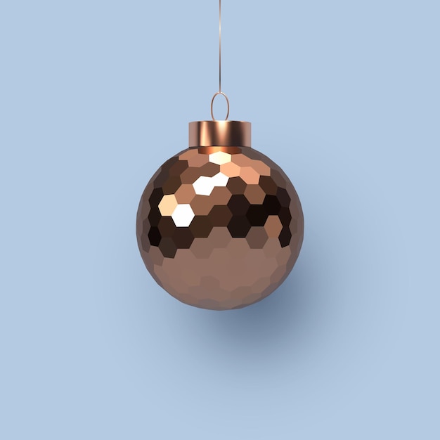 Kostenloser Vektor 3d weihnachtsglänzend kupferkugel mit geometrischem muster. dekoratives element für neujahrsfeiertage. auf blauem hintergrund hängen. vektor-illustration.