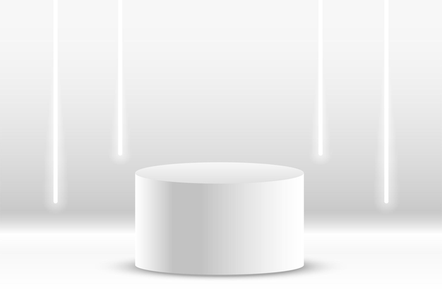 3D weißer Podium Studiohintergrund mit Neonlichtern