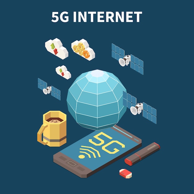 5g internet isometrisches konzept mit 3d-satelliten usb-flash-karte und smartphone-illustration