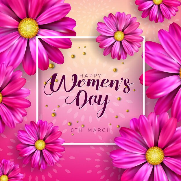 8. März. Frauen-Tagesfeier-Entwurf mit Blumen- und Typografie-Brief