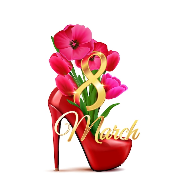 8. März Womans Day Komposition mit isoliertem Symbol von High Heel Schuh mit Blumenstrauß Illustration