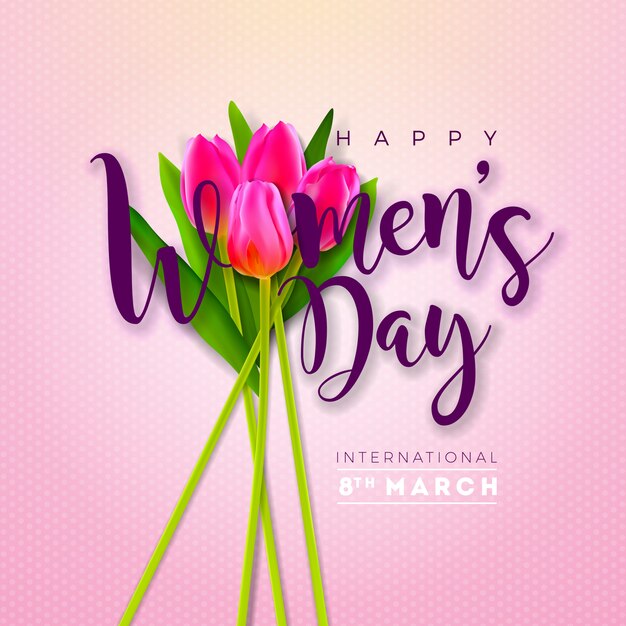 8. März. Womens Day Grußkarten-Design mit Tulpenblume.