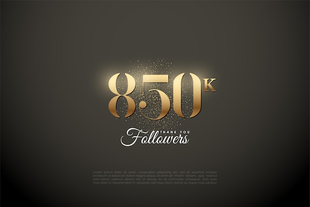 850.000 follower hintergrund mit glänzenden goldenen zahlen