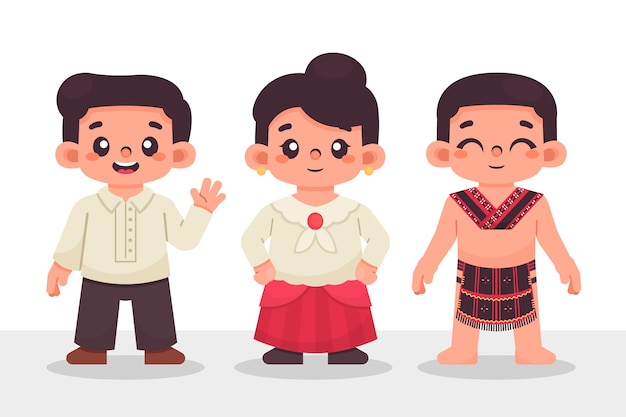 Kostenloser Vektor hand drawn philippine people with traditional clothing 