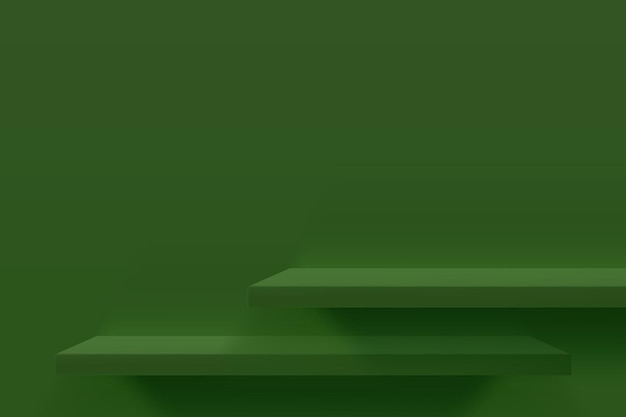 Abbildung 3d von grünen leeren Regalen auf grüner Wand. Minimales Hintergrunddesign für die Produktpräsentation.