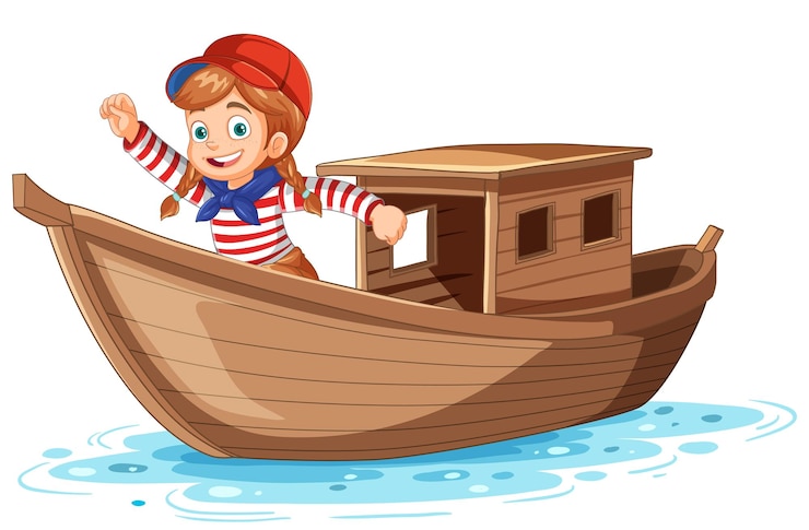 Kostenlose Vektor abenteuermädchen auf einem holzboot