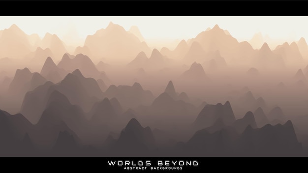Abstrakte beige Landschaft mit nebligen Nebel bis Horizont über Berghängen
