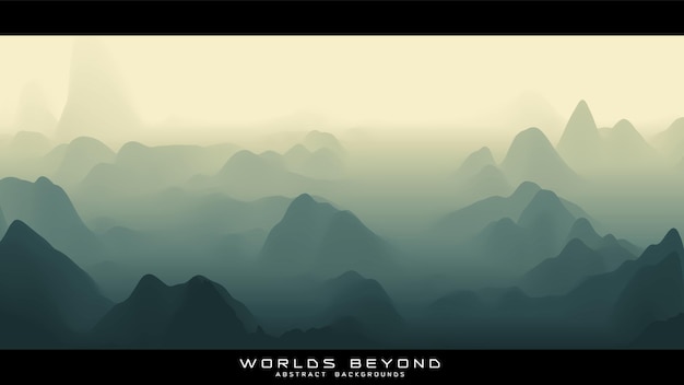 Abstrakte grüne Landschaft mit nebligem Nebel bis zum Horizont über Berghängen Gradient erodierte Geländeoberfläche Welten dahinter