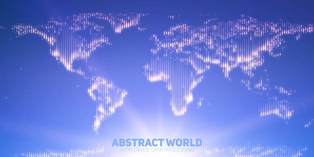 Kostenloser Vektor abstrakte vektorweltkarte konstruiert von leuchtenden punkten. kontinente mit einer fackel im boden. digitale kartenabstraktion in hellblauen farben. digitale kontinente. globales informationsnetz.