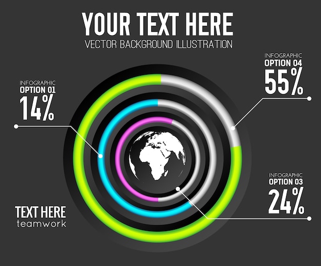 Abstrakte web-infografik-vorlage mit prozentsatz der bunten ringe des kreisdiagramms und weltikone