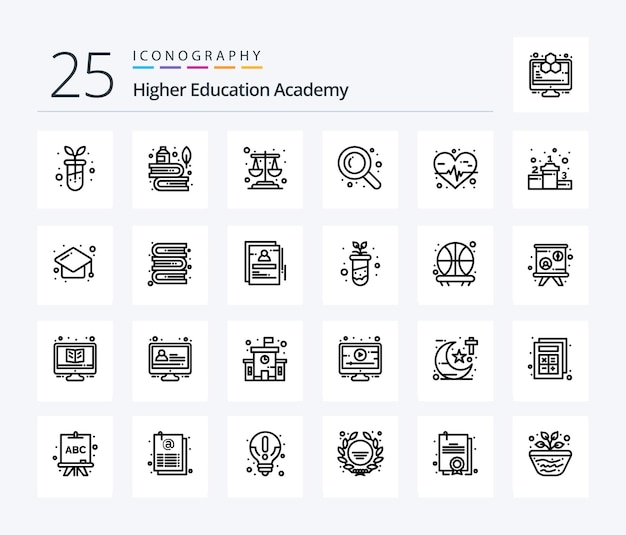 Academy 25 line icon pack inklusive achievement-herzfrequenz-balance-herzsuche