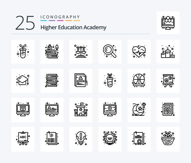 Academy 25 Line Icon Pack inklusive Achievement-Herzfrequenz-Balance-Herzsuche