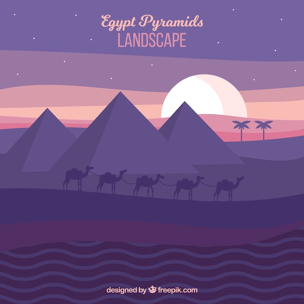 Kostenloser Vektor Ägypten pyramiden landschaft mit kamel karawane in der nacht
