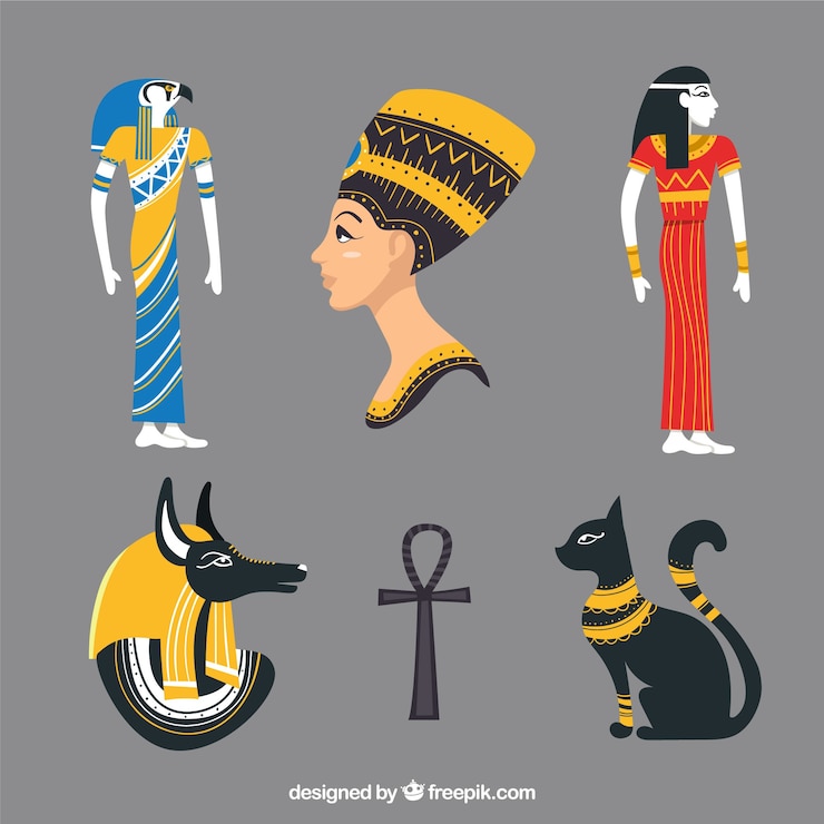 Kostenlose Vektor ägypten-symbole und gezeichnete art der götter in der hand