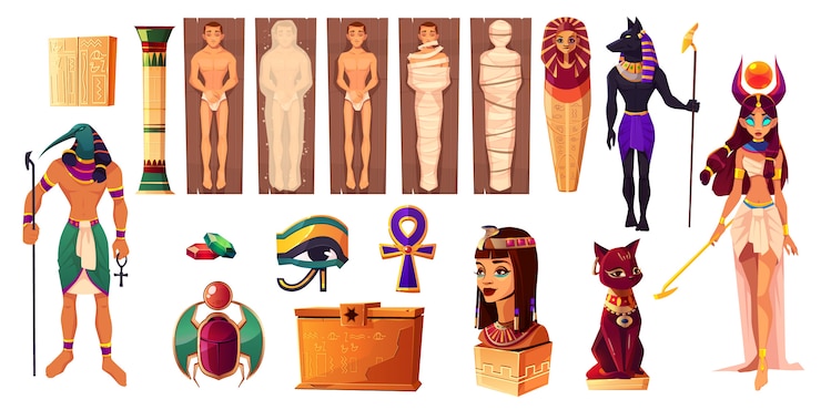 Kostenlose Vektor ägyptische götter thoth und hathor. alte attribute von kultur und religion gesetzt.