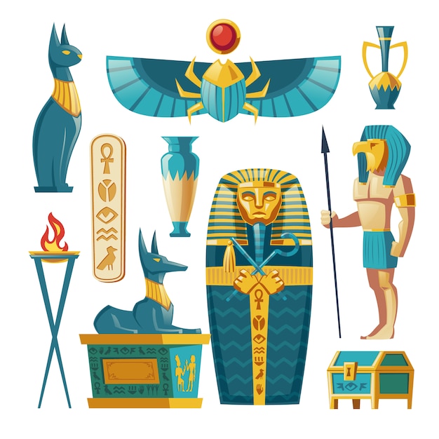 Ägyptischer Satz - Pharaosarkophag, alte Götter und andere Symbole der Kultur.