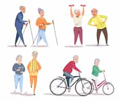 Kostenloser Vektor Ältere menschen, die sportillustrationen machen altes ehepaar in sportbekleidung, das mit fahrrädern joggt und nordic walking mit skistöcken praktiziert, die übungen machen