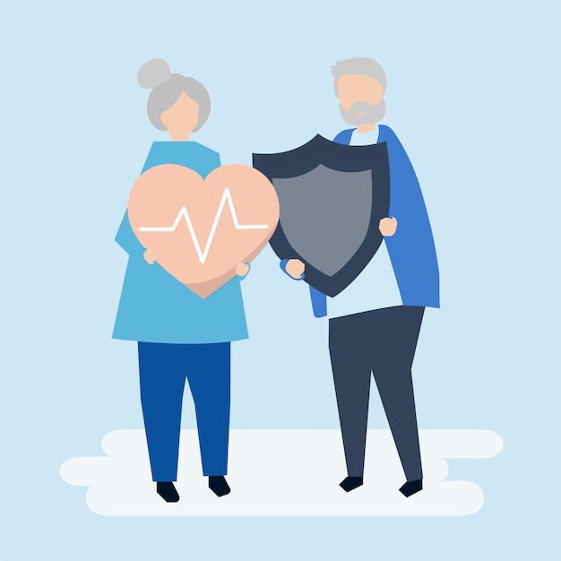Ältere Paare, die Krankenversicherungsikonen halten