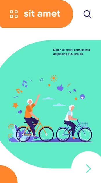 Älterer mann und frau, die fahrräder im stadtpark reiten. glückliches altes familienpaar der karikatur, das aktivität im freien genießt