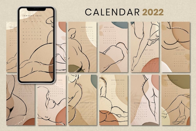 Kostenloser Vektor Ästhetische 2022 monatskalendervorlage, frauenkörper iphone wallpaper vektor-set