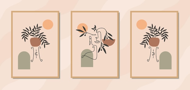 Ästhetische moderne wandkunstposter mit eleganter frauenlinie kunstporträt floraler und geometrischer form