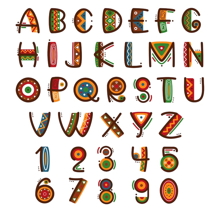 Kostenlose Vektor afrikanische ethnische primitive schrift. hand gezeichnetes helles safari-alphabet.