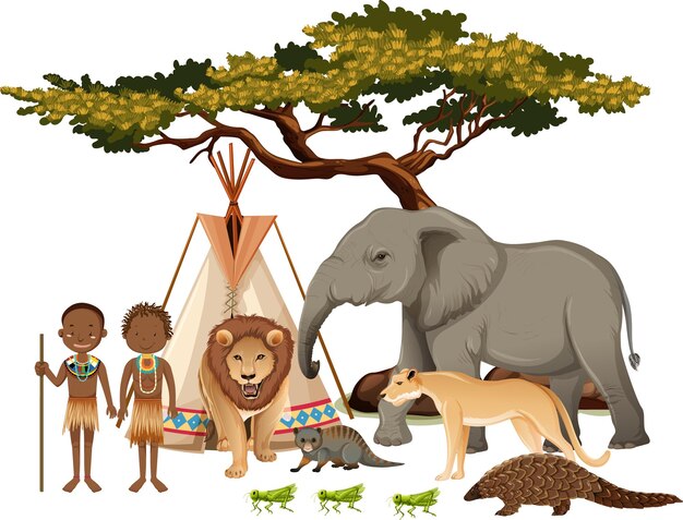 Afrikanischer Stamm mit Gruppe wilder afrikanischer Tiere auf weißem Hintergrund