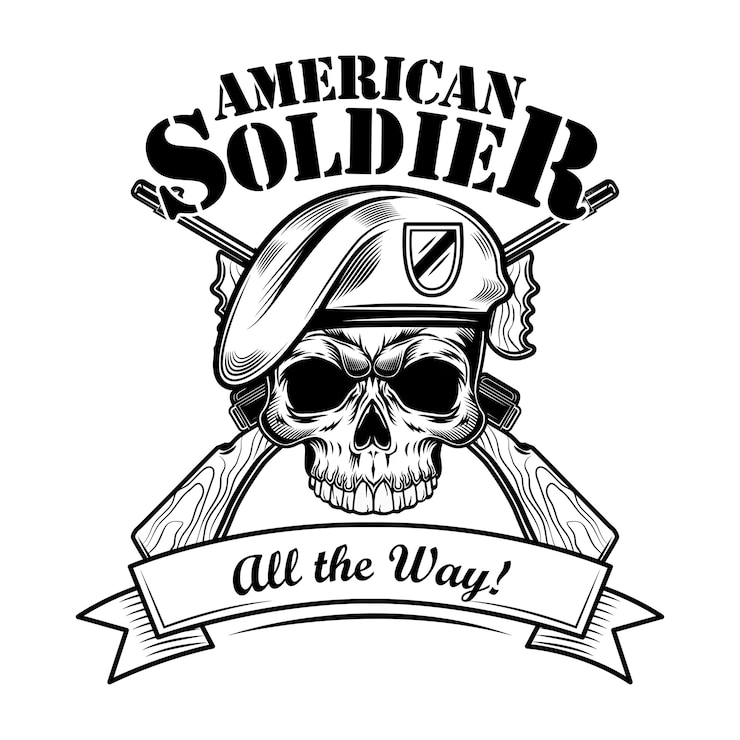 Kostenlose Vektor airborne forces soldat vektor-illustration. schädel in baskenmütze mit gekreuzten gewehren und einem ;; die art und weise text. militär- oder armeekonzept für embleme oder tätowierungsvorlagen